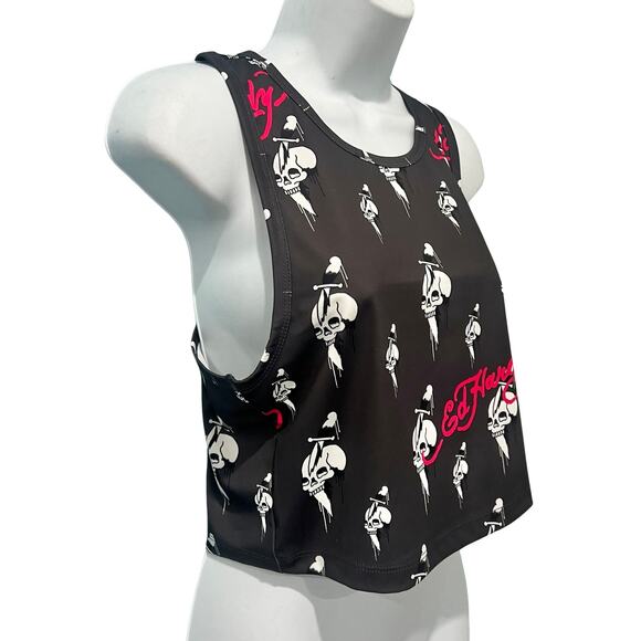 Ed Hardy Gray White Skull Knife Logo Cropped Tank Top size L NEW Tags Racerback - Picture 2 of 8